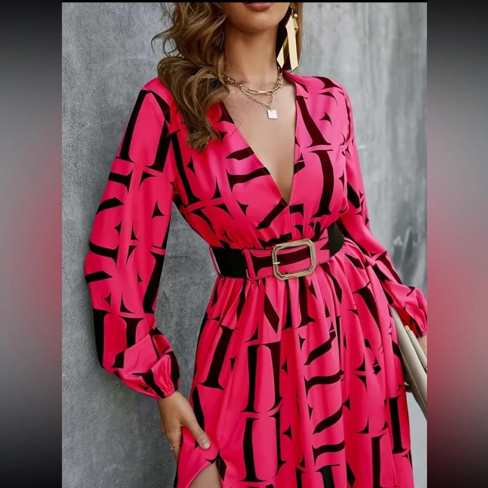 Letter Print Split Thigh Belted, Elegant V Neck High Waist Pleated Maxi Dress - Picture 9 of 11